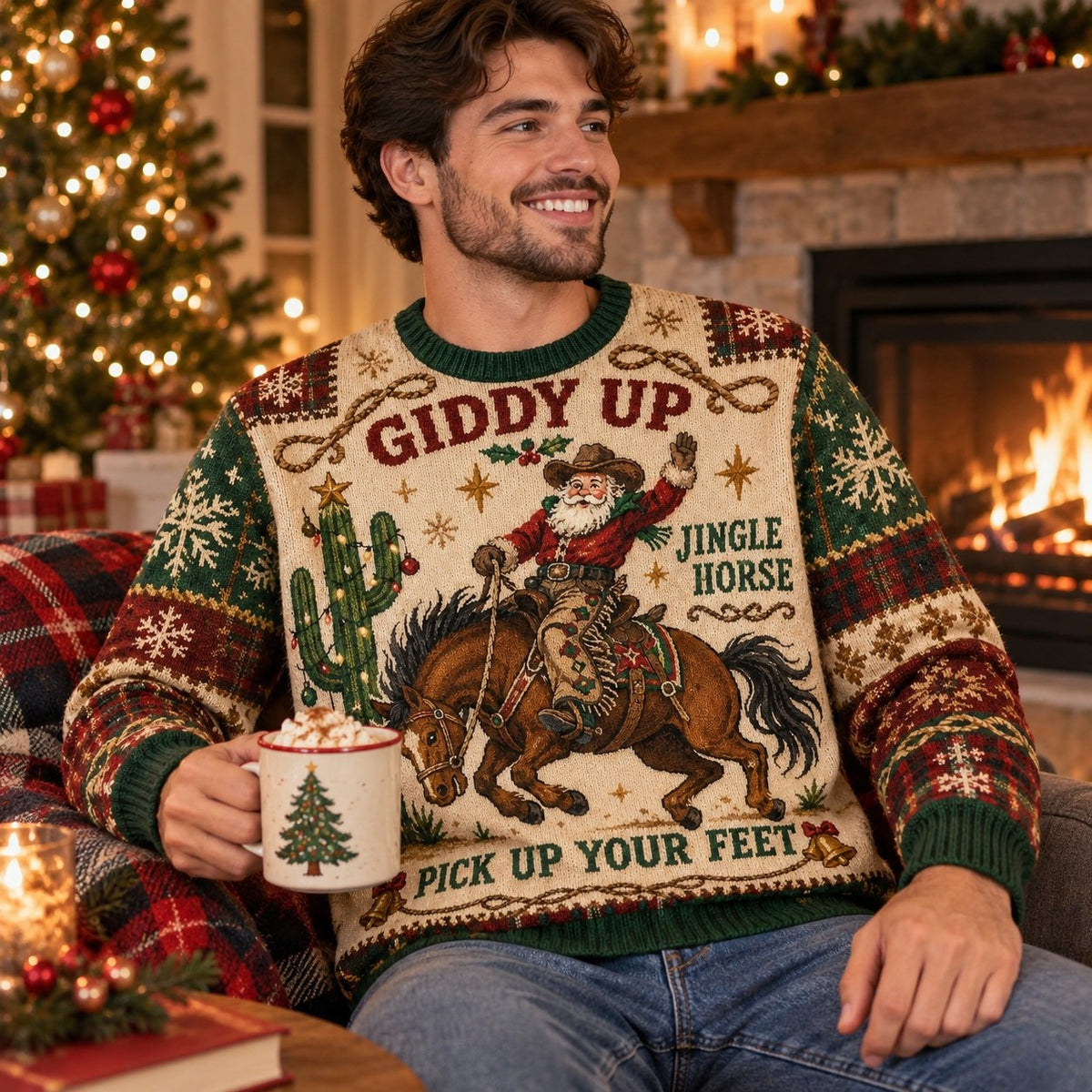 man wearing a santa claus ugly christmas sweater with the giddy up