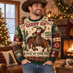 man in a cowboy hat showing the giddy up jingle horse ugly