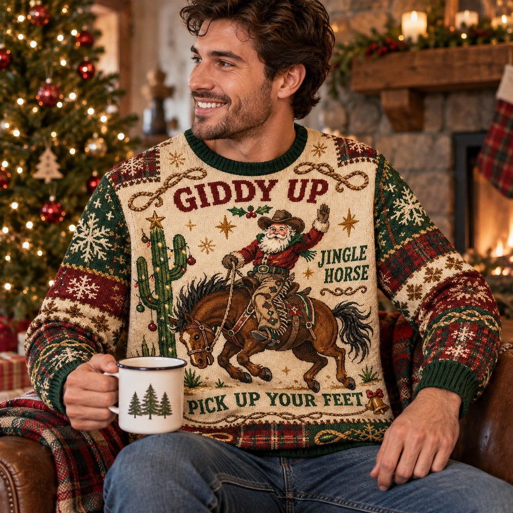 smiling man modelling the western santa claus ugly christmas sweater design seated
