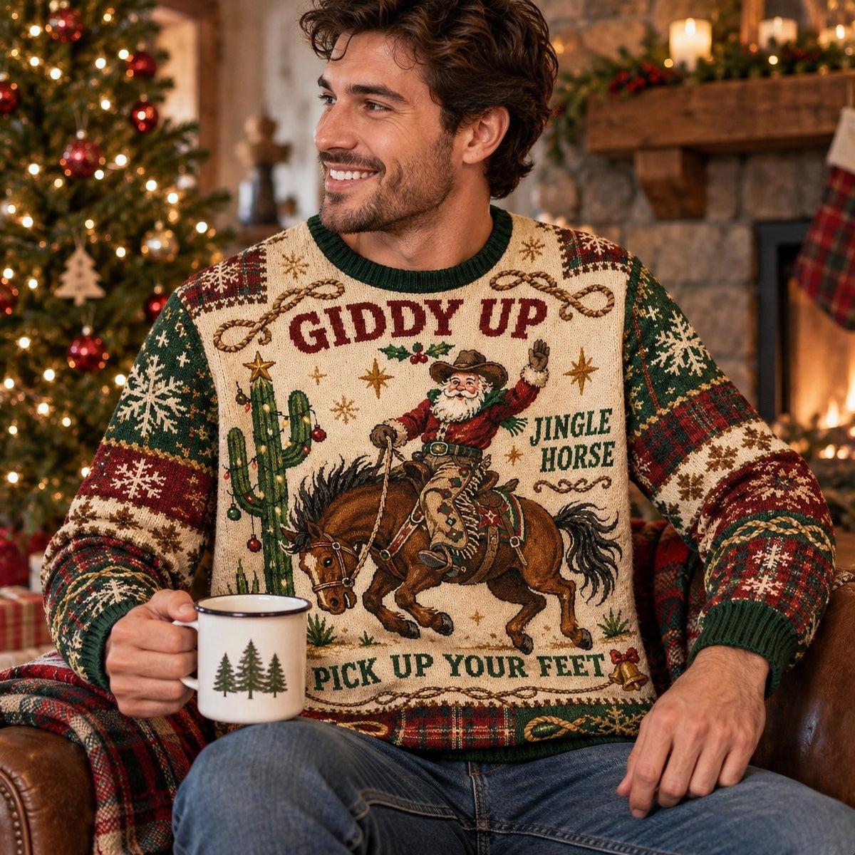 smiling man modelling the western santa claus ugly christmas sweater design seated