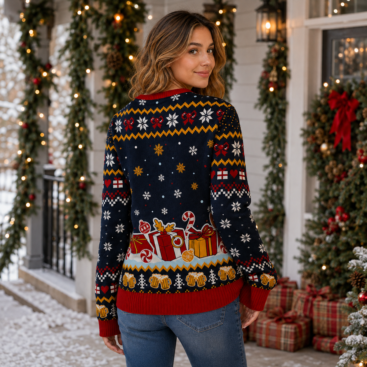 back view of a navy santa claus merry christmas sweater showing the