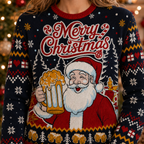close up of the santa claus holding a beer mug design and