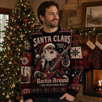 man wearing a santa claus ugly christmas sweater with rockin around the