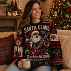 woman wearing a santa claus rock band ugly christmas sweater at home