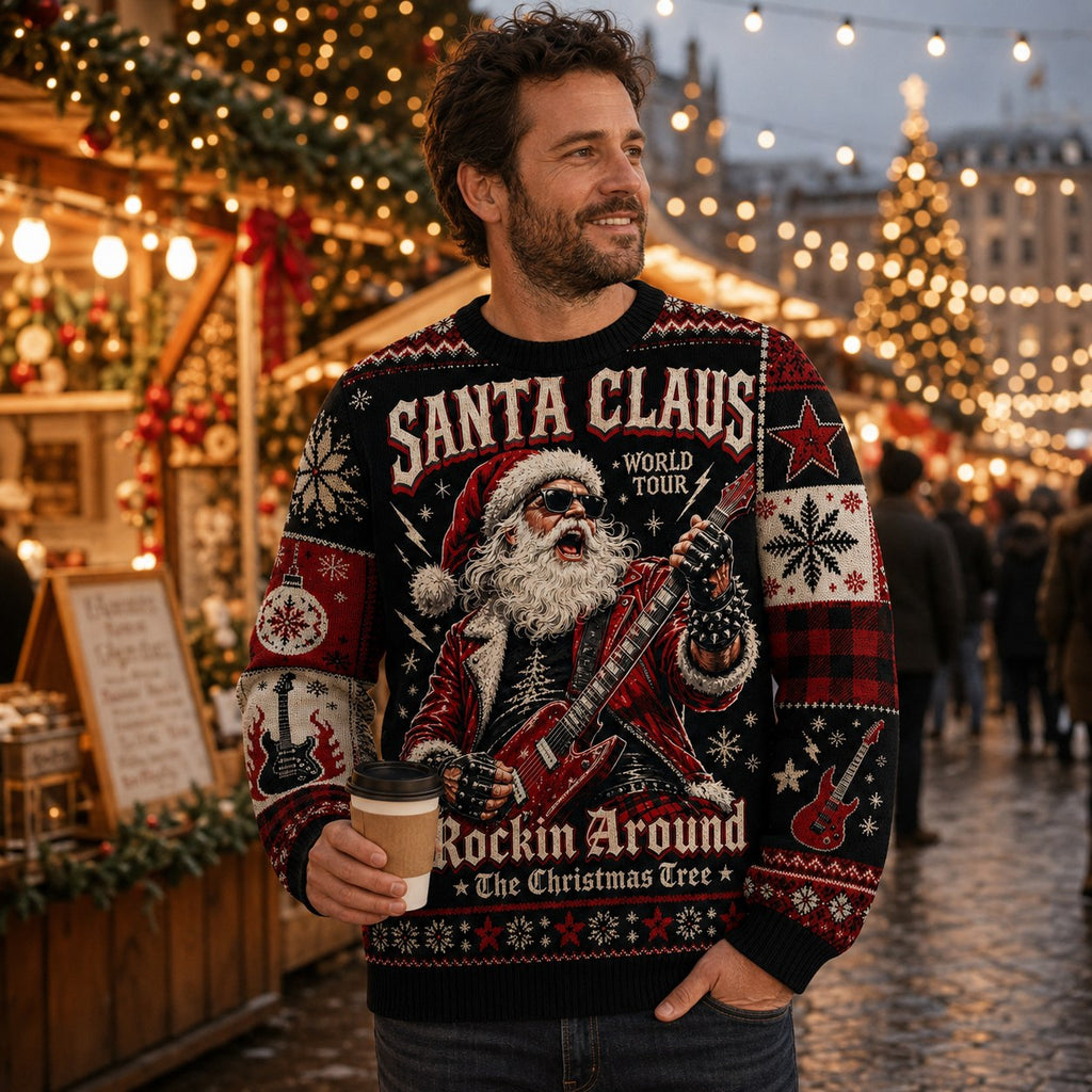 man wearing a santa rockin around the christmas tree sweater at an