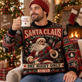 man wearing an all over print ugly christmas sweater with a rock