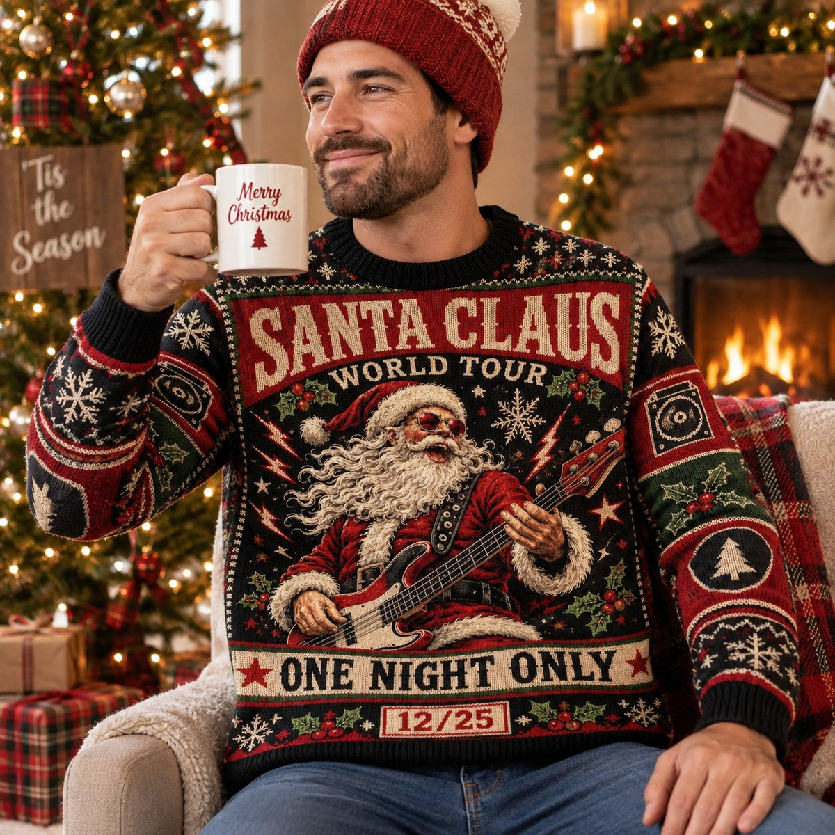 man wearing an all over print ugly christmas sweater with a rock