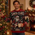 man wearing a santa claus world tour ugly christmas sweater in a