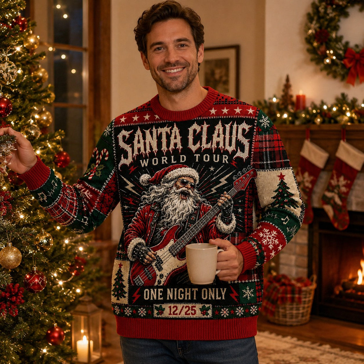 man wearing a santa claus world tour ugly christmas sweater in a
