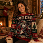 woman wearing the same santa claus world tour ugly christmas sweater by