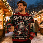 man modelling the santa claus tour ugly christmas sweater at a christmas