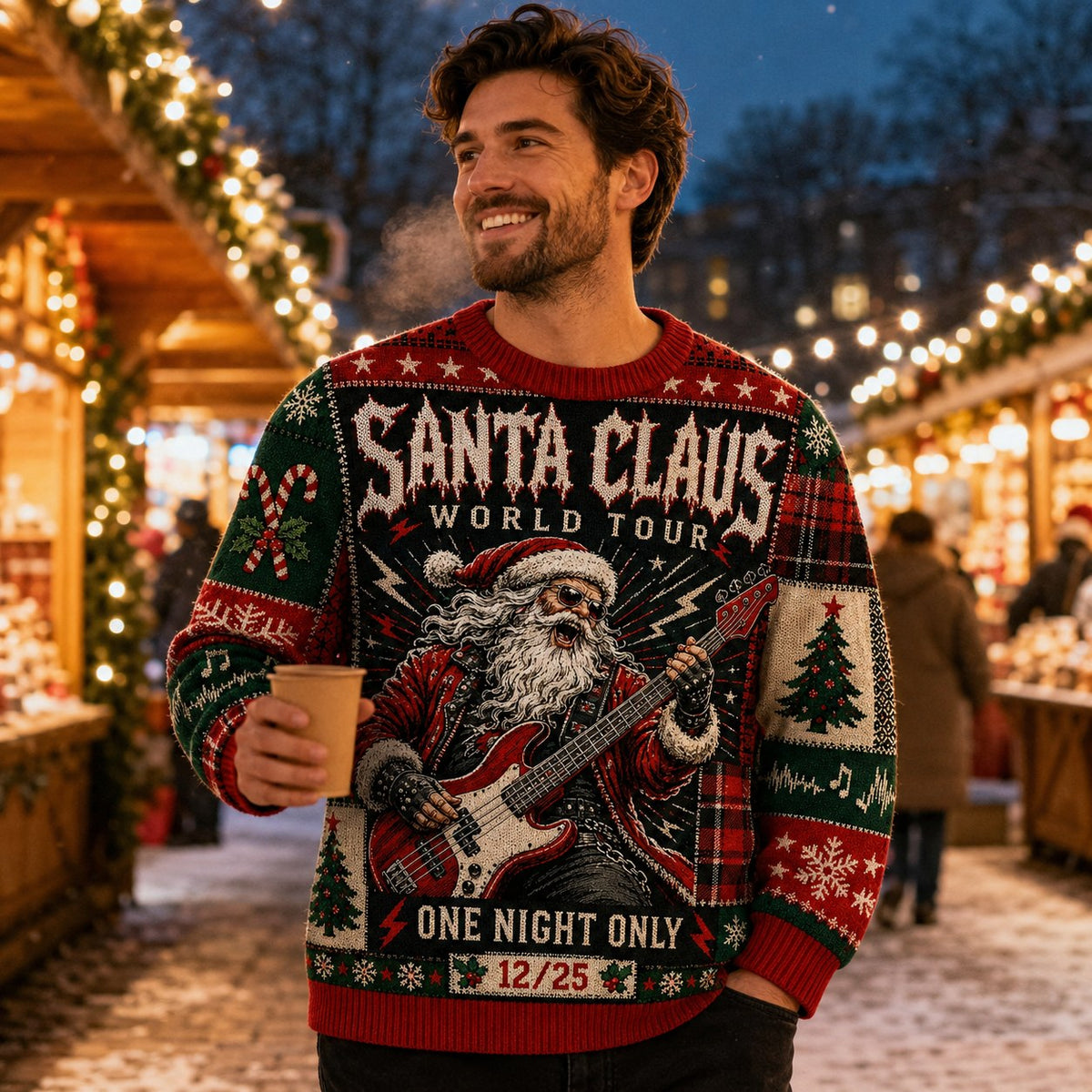 man modelling the santa claus tour ugly christmas sweater at a christmas
