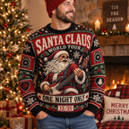 ugly christmas sweater with santa guitar tour print modeled in front of