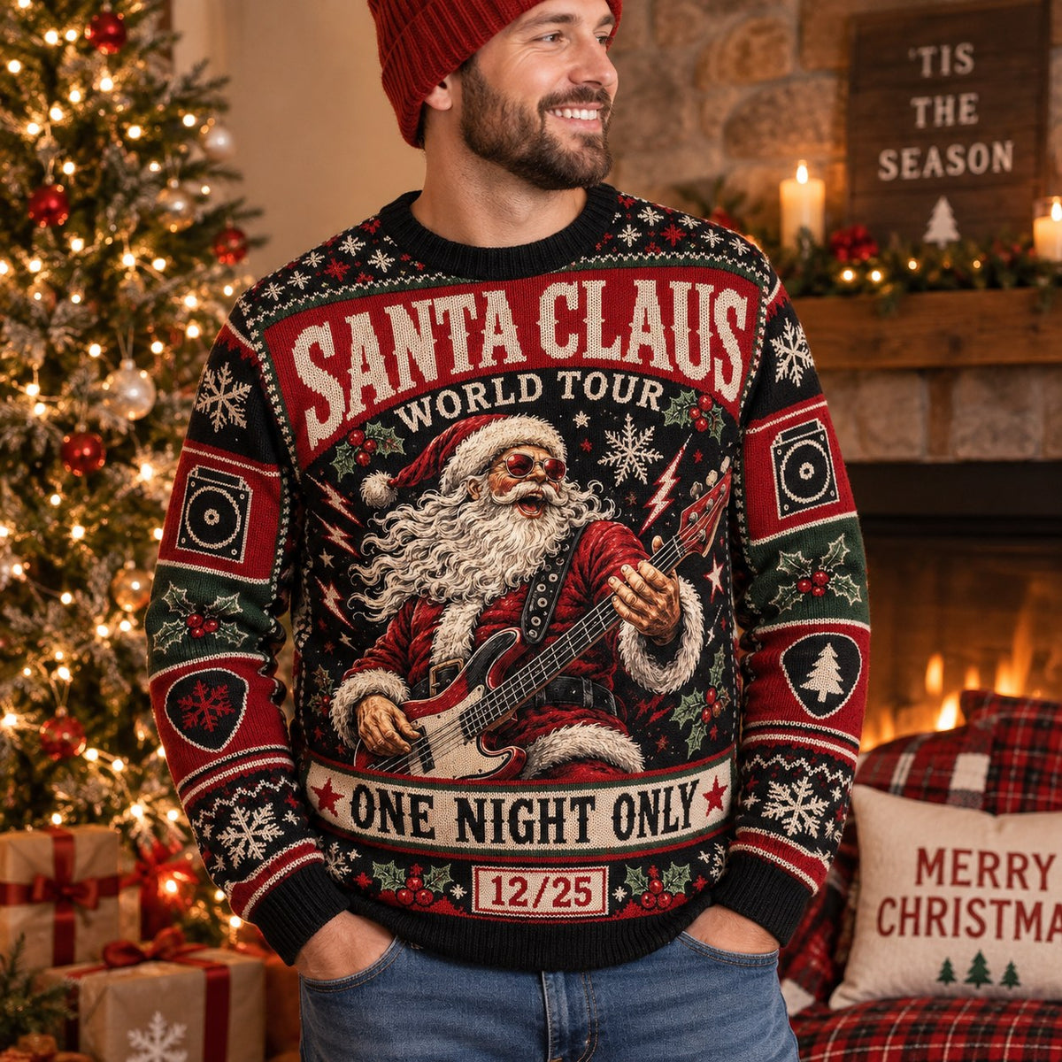 ugly christmas sweater with santa guitar tour print modeled in front of