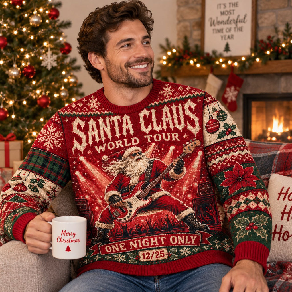 man wearing a red santa claus world tour ugly christmas sweater holding
