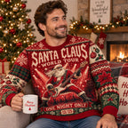 man wearing a red santa claus world tour ugly christmas sweater holding