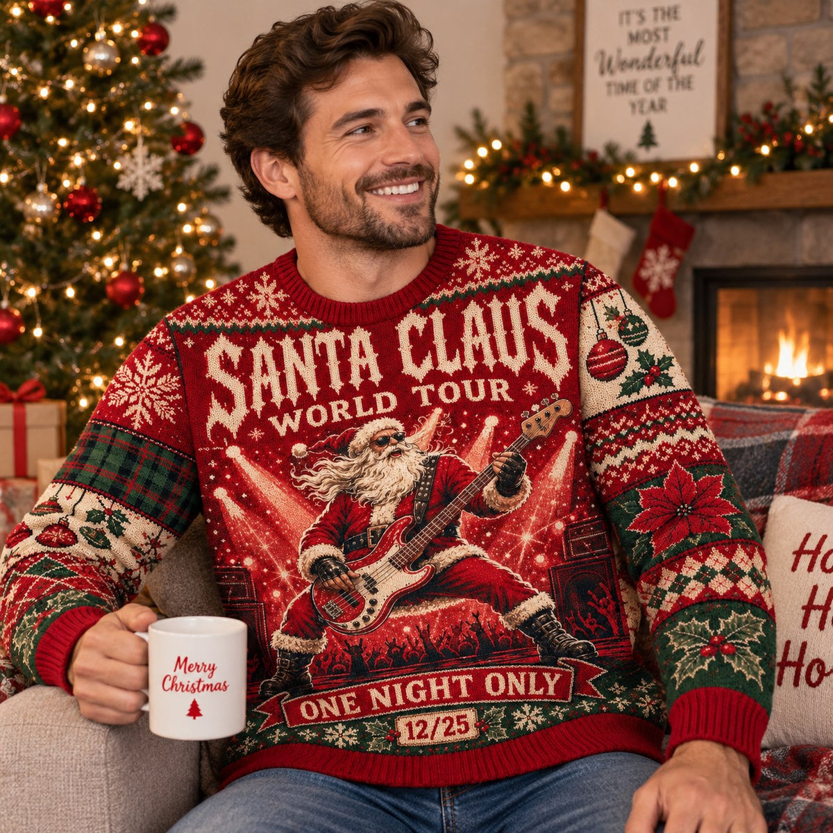 man wearing a red santa claus world tour ugly christmas sweater holding