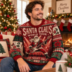 man in a santa bass guitar ugly christmas sweater smiling by a
