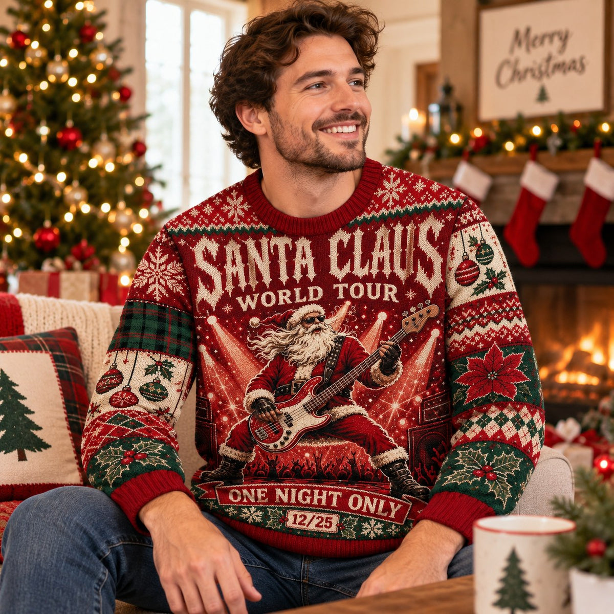 man in a santa bass guitar ugly christmas sweater smiling by a