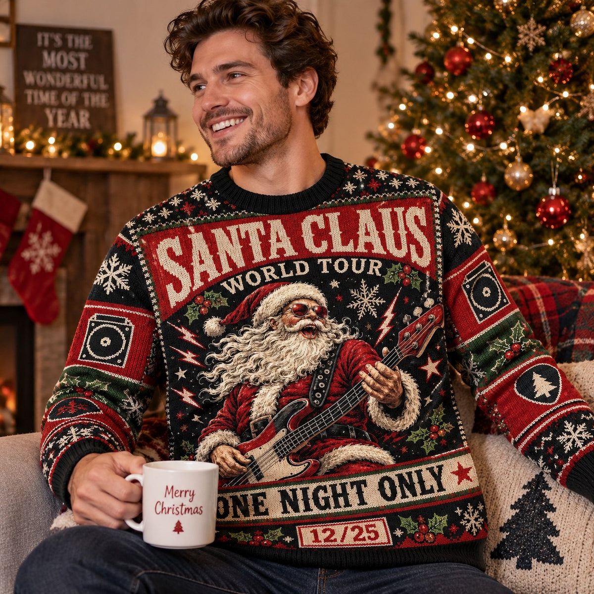 man in a red beanie smiling in a santa playing guitar ugly