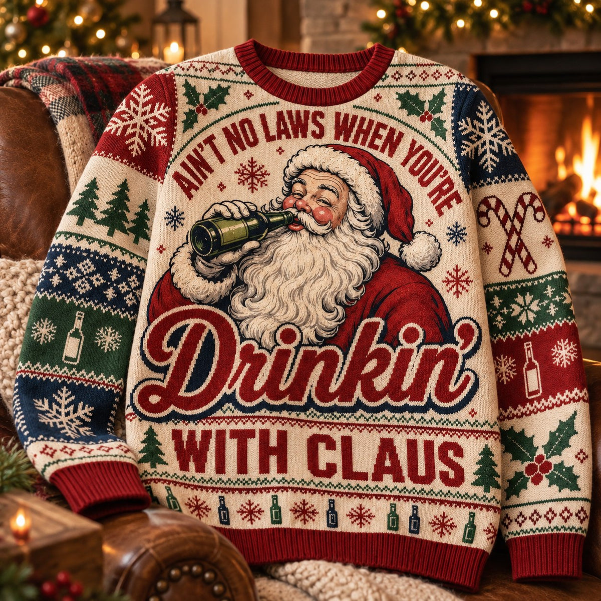 ugly christmas sweater with santa claus drinking and the quote aint no