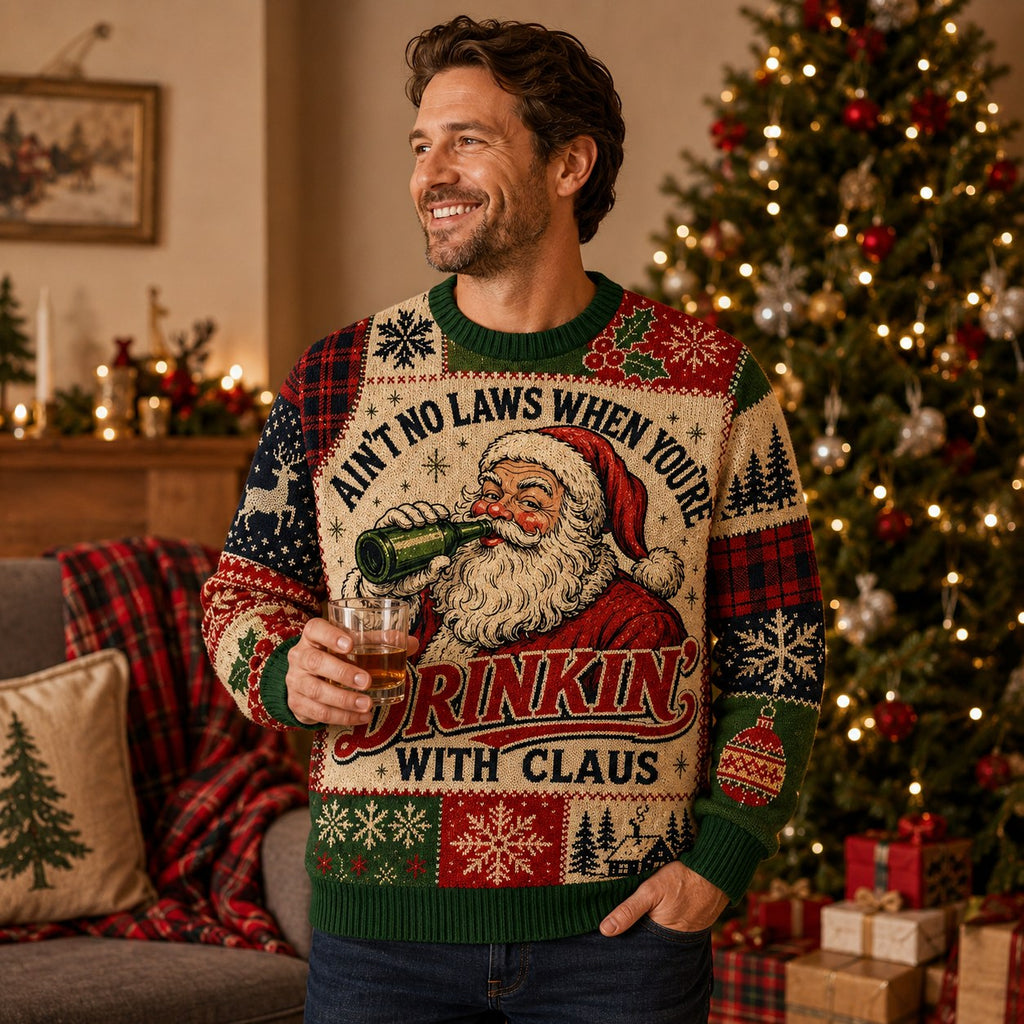 man wearing a santa claus ugly christmas sweater with drinkin' with claus
