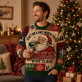 man wearing a santa claus ugly christmas sweater with drinkin' with claus