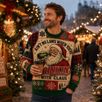 man in jeans holding a coffee cup wearing a santa claus drinkin'