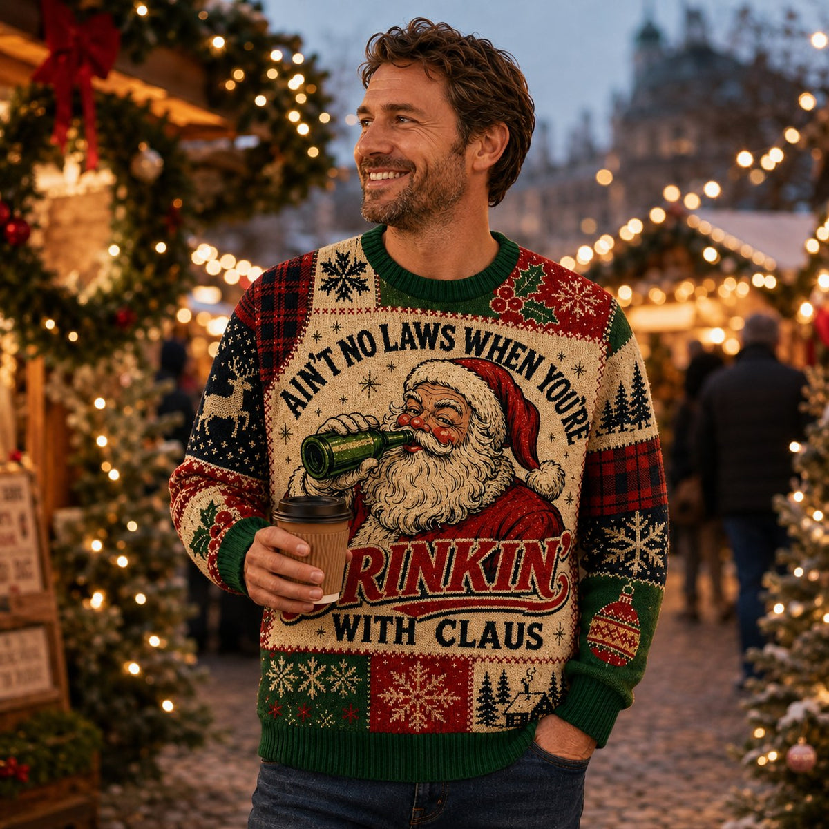 man in jeans holding a coffee cup wearing a santa claus drinkin'