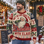 santa claus design printed across the front of a red and green