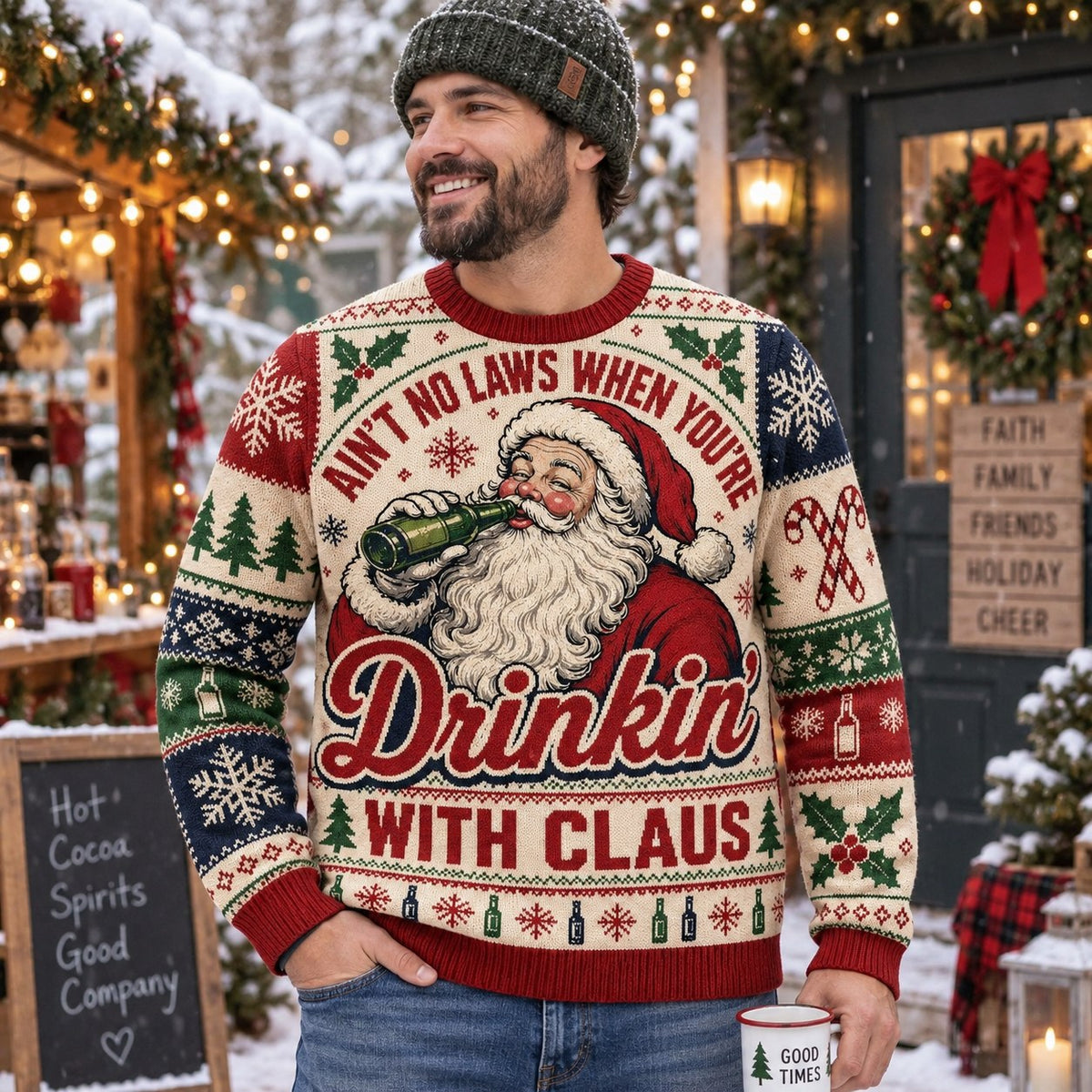 santa claus design printed across the front of a red and green