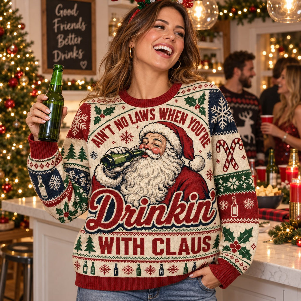 close up of santa drinking on the all over print christmas sweater