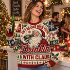 close up of santa drinking on the all over print christmas sweater