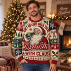 man wearing a santa claus ugly christmas sweater at a winter holiday