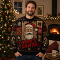 man wearing an all over print ugly christmas sweater with a santa