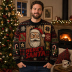 man wearing an all over print ugly christmas sweater with a santa