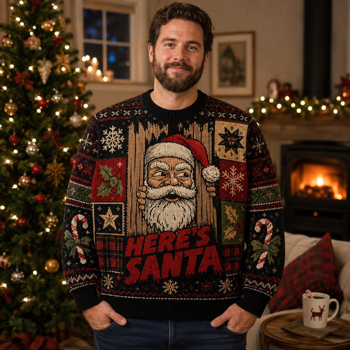 man wearing an all over print ugly christmas sweater with a santa