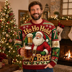 man wearing a red ugly christmas sweater with santa holding a beer