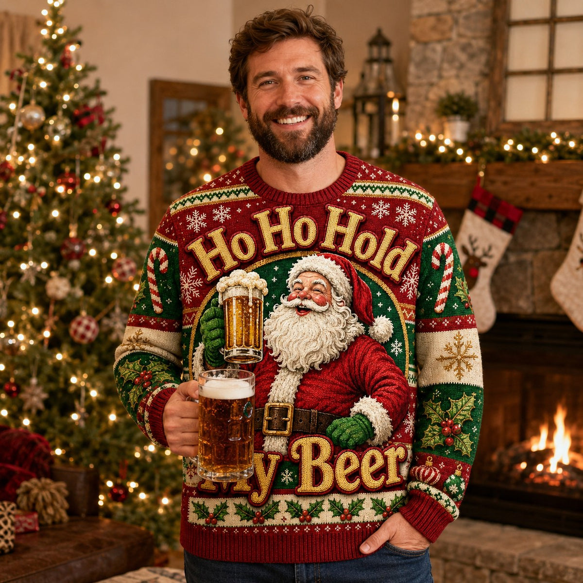 man wearing a red ugly christmas sweater with santa holding a beer