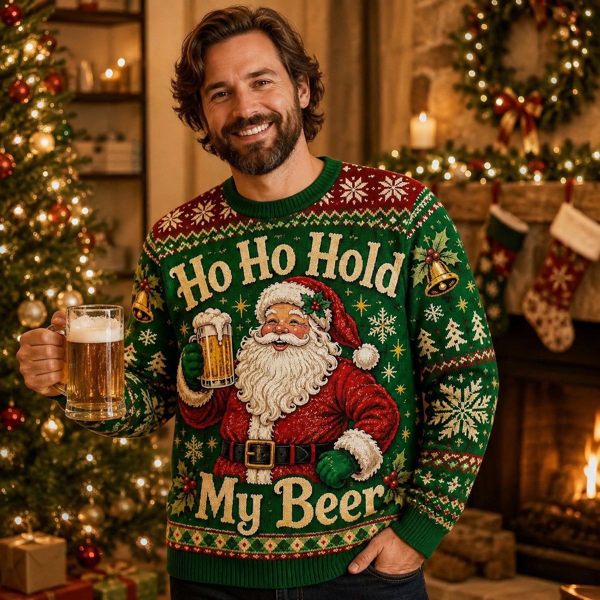 man holding a beer wearing a green ugly christmas sweater with santa