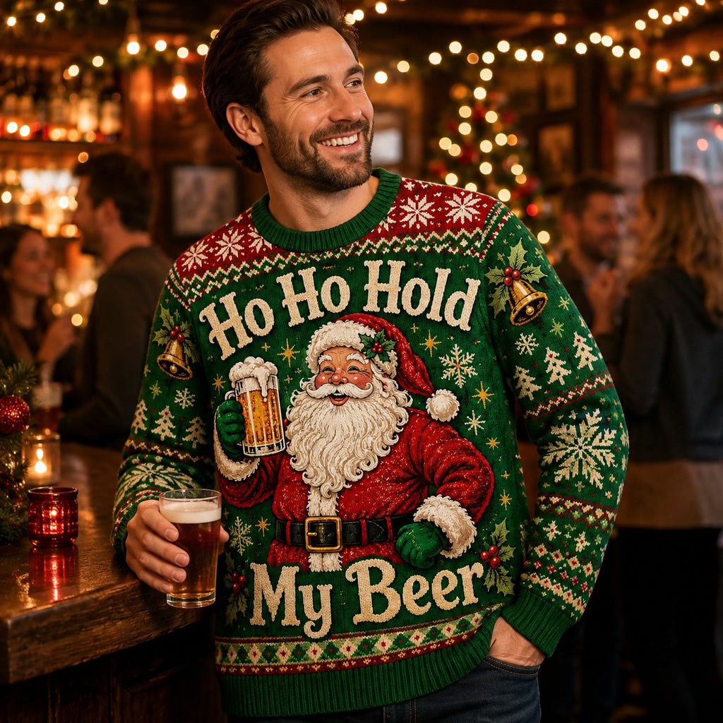 man laughing with a pint at a festive bar in a santa