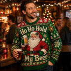 man laughing with a pint at a festive bar in a santa