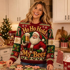 woman baking christmas cookies in a red ugly christmas sweater with santa