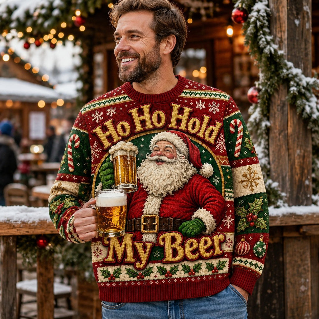 man laughing outdoors in a red ugly christmas sweater with santa ho