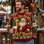 man laughing outdoors in a red ugly christmas sweater with santa ho