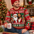 Santa and ugly christmas sweater with beer cans and snowflakes, man smiling
