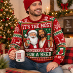 Santa and ugly christmas sweater with beer cans and snowflakes, man smiling