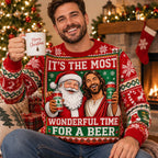 Man in Santa and ugly christmas sweater holding a Merry Christmas mug