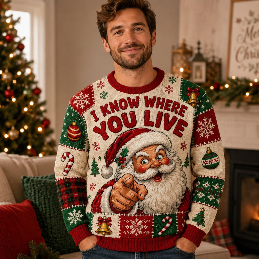 man wearing a santa i know where you live ugly christmas sweater