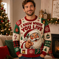 man wearing a santa i know where you live ugly christmas sweater